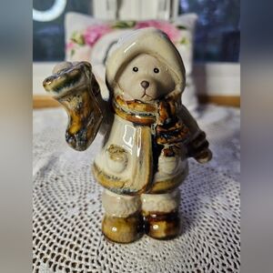 14.95Brown Bear Glazed Ceramic Figurine with Christmas Stocking 5"T X 4"W